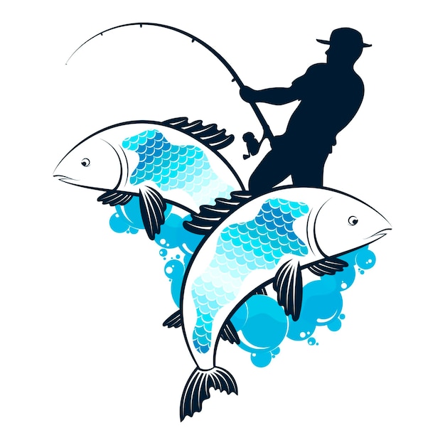 Vektor fischer und fischfang auf dem wellensymbol für den fischfang