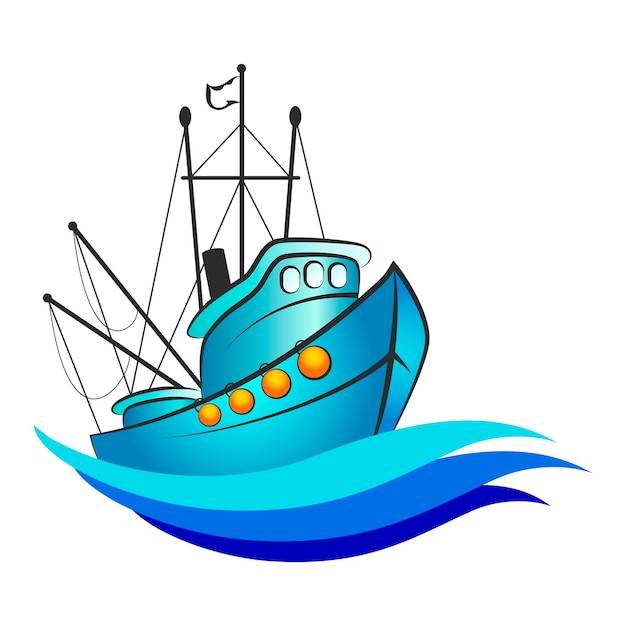 Fischerboot auf blauem Wellendesign