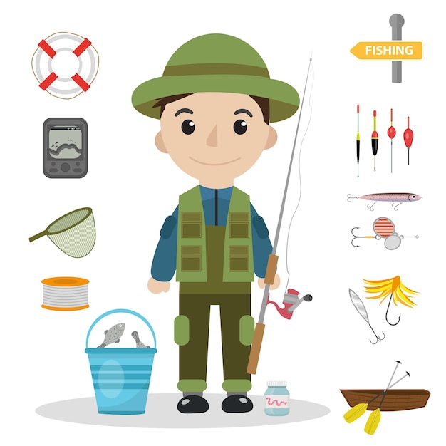 Fischerei-Icon-Set flach Cartoon-Stil Fischerei-Sammlung Objekte Design-Elemente isoliert auf weißem Hintergrund Werkzeuge des Fischers mit einer Angelrute Tackle Köderboot Vektor-Ilustration