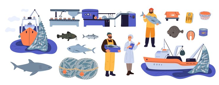 Vektor fischereibranche fischereieinheiten schiff mit netzen verarbeitungsbeförderer für die erhaltung des fanges cartoon-fischer oder technologe meeresfrüchteproduktion trawlschiff garish-vektor-set