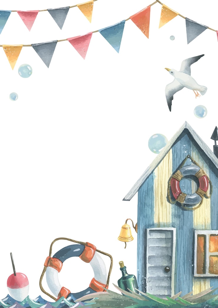 Vektor fischerkabine mit rettungsboje, eine flasche alkohol, eine fliegende möwe, ein schwimmer auf dem wasser mit fahnenkränzen, blasen, aquarell-illustration, handgezeichnet, vertikaler rahmen, leere vorlage für text