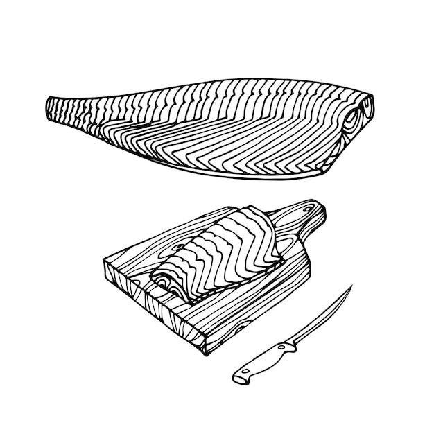 Fischfilet auf küchenbrett aus holz köstliche meeresfrüchte in schwarzer tinte