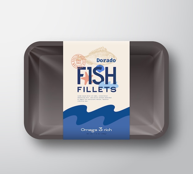 Fischfilets pack. abstrakter fischplastikbehälterbehälter mit zellophanabdeckung. verpackungsetikett.