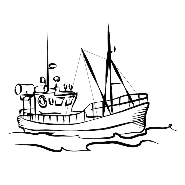 Fischtrawler auf der Wellensilhouette Design für die industrielle Fischerei