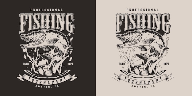 Fishing Vintage Print mit Hechtfischen, die im monochromen Stil aus dem Wasser springen