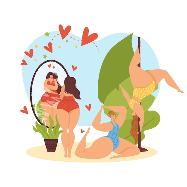 Vektor fitnes body positive girl woman vector illustration cartoon-tagesplaner für frau person charakter mit ungewöhnlicher figur