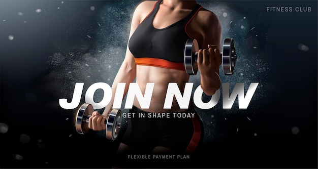 Fitness-club-banner mit einer gesunden frau, die gewichte auf explodierender pulvereffektoberfläche, 3d illustration anhebt