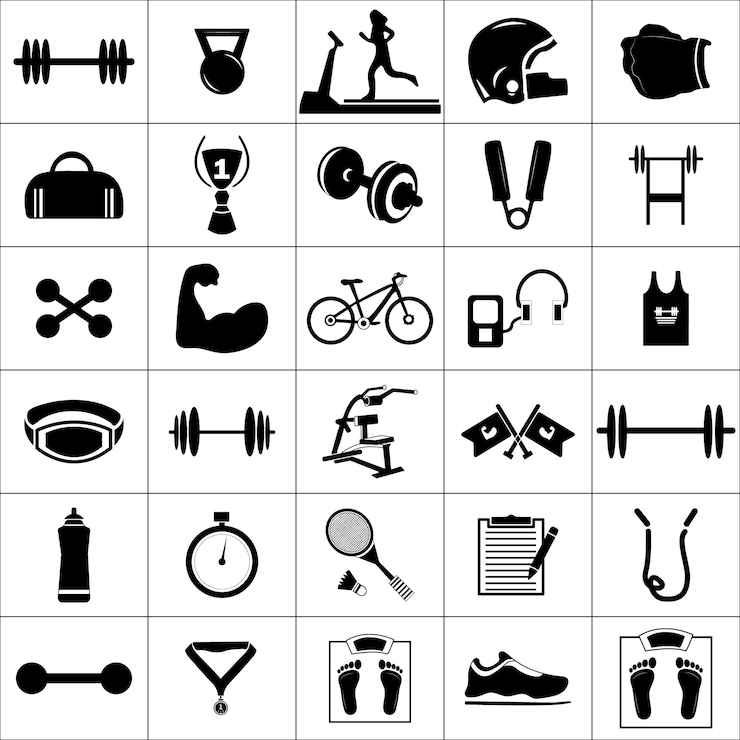 Fitness-Design-Elemente Ausrüstung für starke schlanke Fitness-Fitness-Übungen oder Yoga-Trainingsvektor-Set