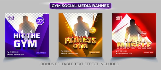 Fitness Fitness Sport Social Media Post Vorlage-Sammlung mit bearbeitbarem Text-Effekt-Stil