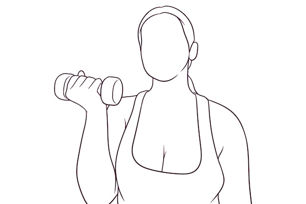 Fitness-frau mit hantel gesundes leben konzept handgezeichnete stil-vektor-illustration