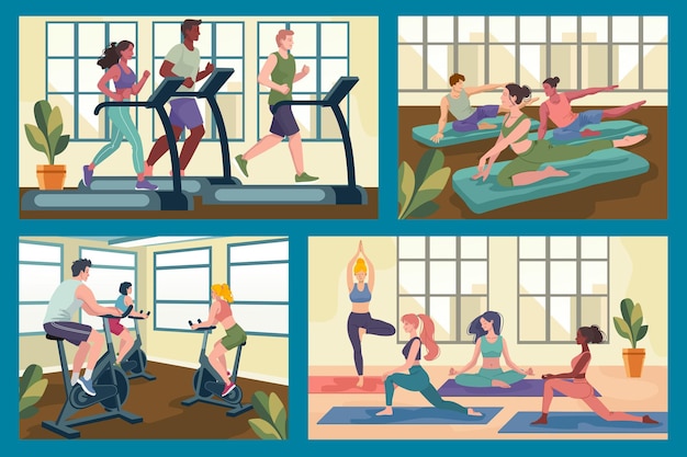 Fitness-Klasse Menschen, die gemeinsam im Fitnessstudio Sport trainieren Yoga-Training Pilates Gruppentraining Sportlehrer Team Aerobics Körperliche Gesundheit und Wellness Vektorillustrations-Set