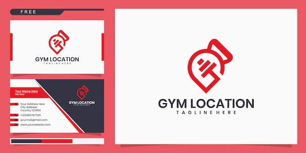 Fitness-location-logo mit langhantel-design-kombination. logodesign und visitenkarte