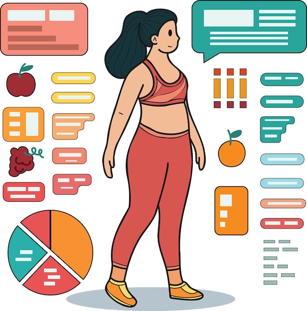 Fitness-Mädchen, das Gesundheit liebt, verliert Gewicht Illustration im Doodle-Stil