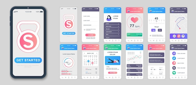 Fitness-Mobile-App-Bildschirme für Web-Vorlagen Paket von Benutzerprofilen Gewicht oder Puls Informationen Online-Karten Kalender Übung UI UX GUI Benutzeroberfläche-Kit für Handy-Layouts Vektordesign