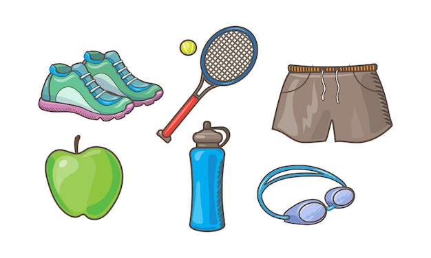 Fitness-sport-ikonen setzen tennisschläger, ball, turnschuhe, shorts, apfelflasche, wasser, vektorillustration