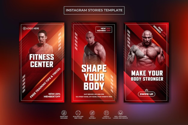 Fitness-Studio-Training Instagram-Geschichten-Sammlung und Web-Banner-Vorlage Premium-Vektor