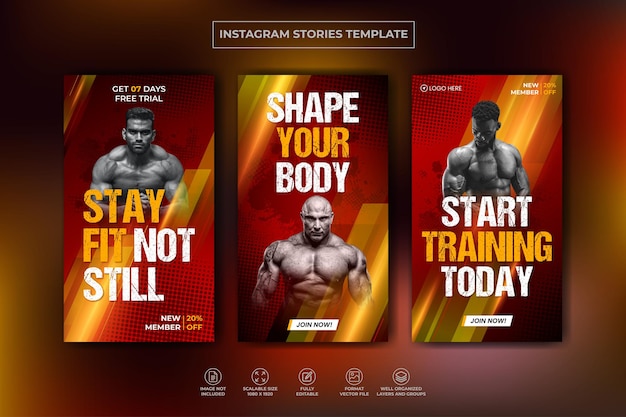 Fitness-Studio-Training Instagram-Geschichten-Sammlung und Web-Banner-Vorlage Premium-Vektor