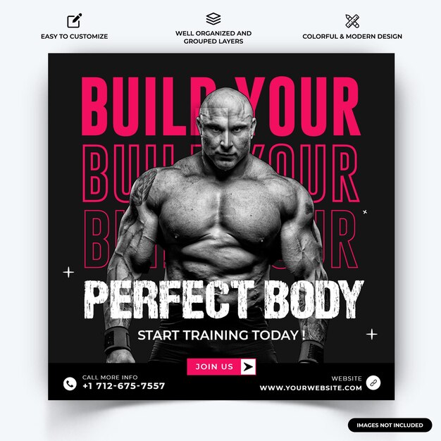 Fitness-studio und fitness instagram post web-banner-vorlage vektor premium-vektor