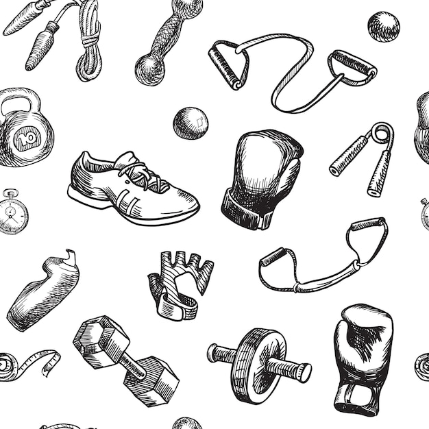 Vektor fitness- und fitness-doodle handgezeichnetes nahtloses muster