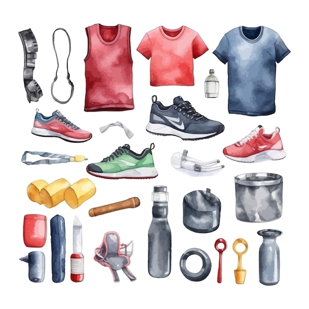 Fitness-zubehör-aquarell-clipart-set. fitnessgeräte