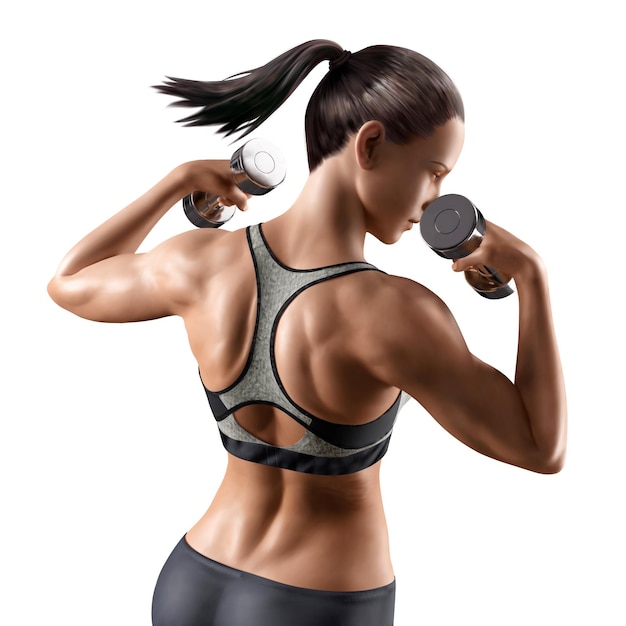 Fitnessfrau mit Hantel in Sportkleidung, 3D-Darstellung