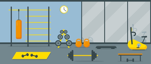 Fitnessraum mit Trainingsgeräten und Spiegel.