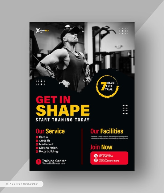 Vektor fitnessstudio- und fitness-flyer-vorlage mit schwarzem, rotem und gelbem sport- und fitness-flyer-design