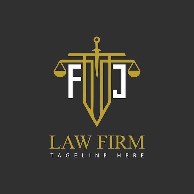 Fj-initialmonogram für das logo der anwaltskanzlei mit schwert und waage