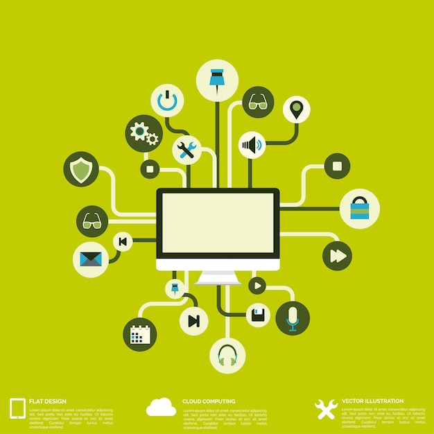Flach abstrakter Hintergrund mit Web-Ikonen, Schnittstellensymbolen, Cloud-Computing und mobilen Geräten