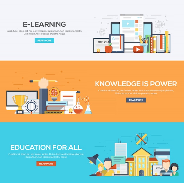 Flach gestaltete banner - e-learning, wissen ist macht und bildung für alle