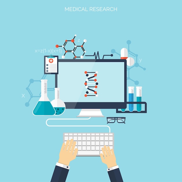 Flach Gesundheitswesen und medizinische Forschung Hintergrund Gesundheitssystem Konzept Medizin und Chemie