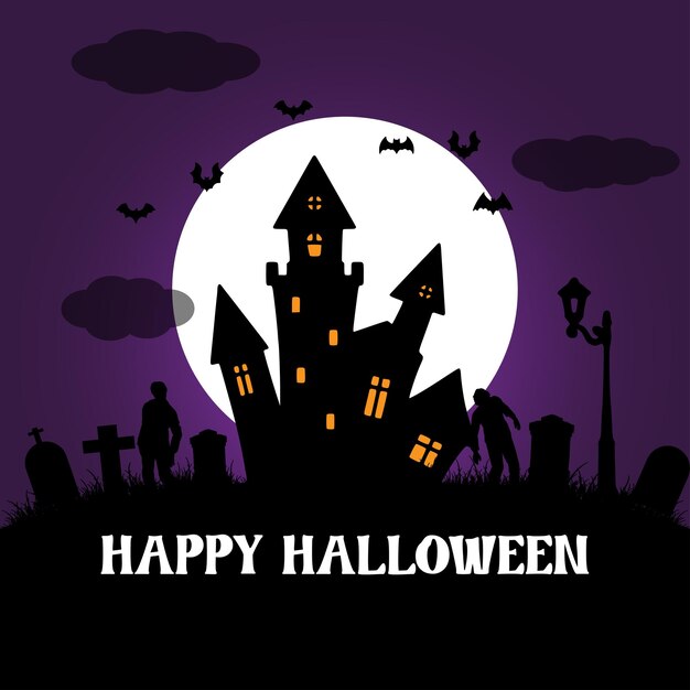 Flach halloween-hintergrund mit spukhaus