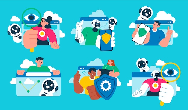 Flach handgezeichneter Datentechnologie-Mini-Illustrationssatz mit Menschen, die mit einem Bot arbeiten