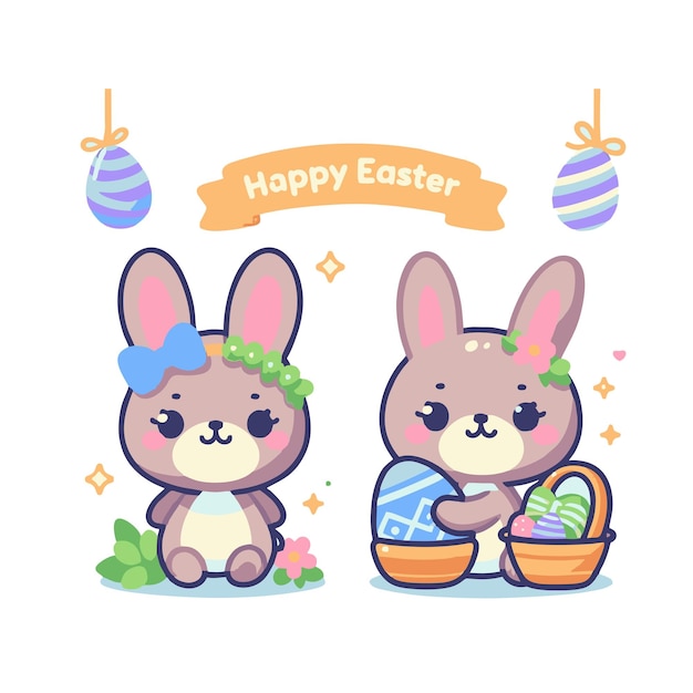 Flach-vektor-design von zwei kaninchen, die ostern feiern