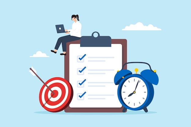 Flachdarstellung der produktiven Geschäftsfrau, die auf einem Laptop mit Clipboard, Checkliste, Wecker und Bullseye-Ziel arbeitet, konzentriert sich auf Projekt- oder Zeitmanagement