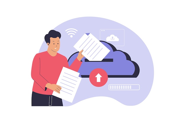 Flachdarstellung des Uploads von Dokumenten auf Cloud-Speicher für die digitale Dateiverwaltung