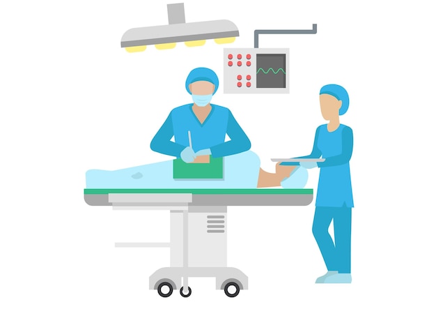 Vektor flachdarstellung eines chirurgen und einer krankenschwester, die einen patienten im operationssaal operieren