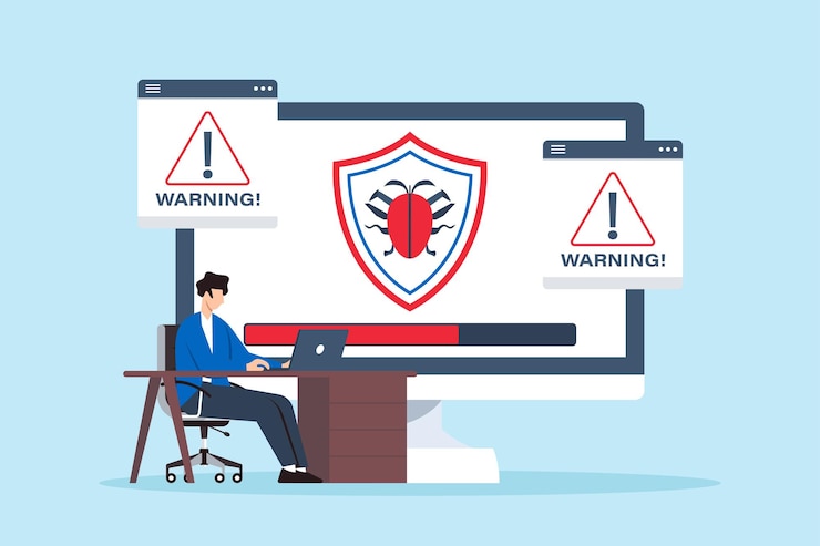 Vektor flachdarstellung eines technikers, der eine antimalware-software auf einem computer installiert, bei dem ein virus-scan im gange ist