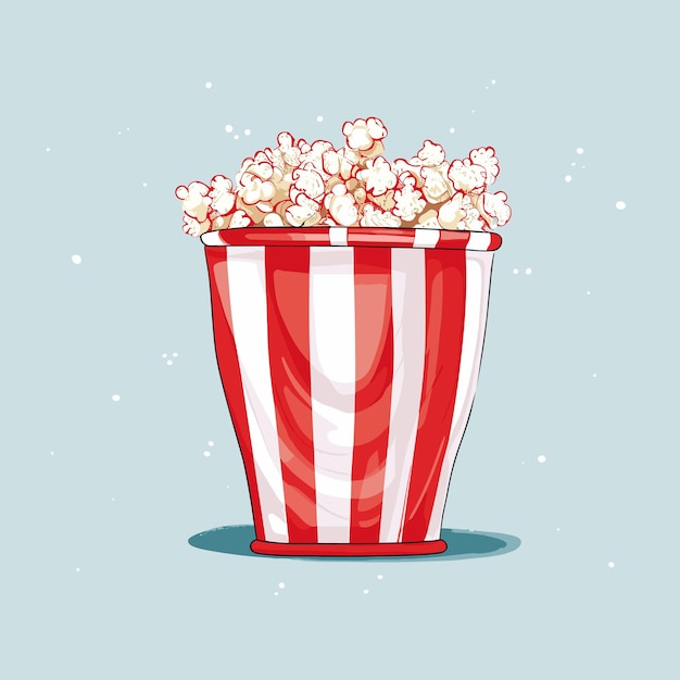Vektor flachdarstellung von popcorn in roten und weißen streifen aus papierglas auf blauem hintergrund hohe qualität