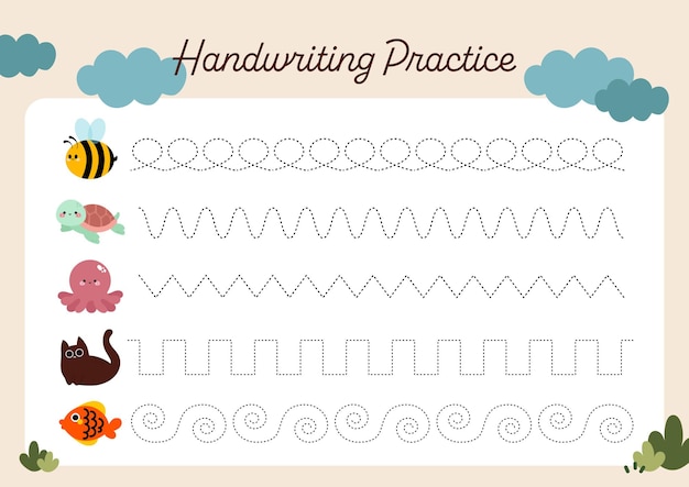 Flachdesign-Vektor-Handschreibübung druckbares Arbeitsblatt für Kinderaktivität