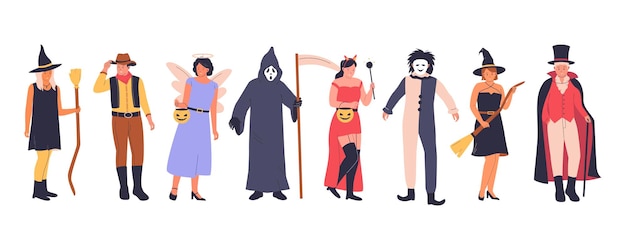 Flachdesign von Halloween-Leuten, die Kostüme tragen