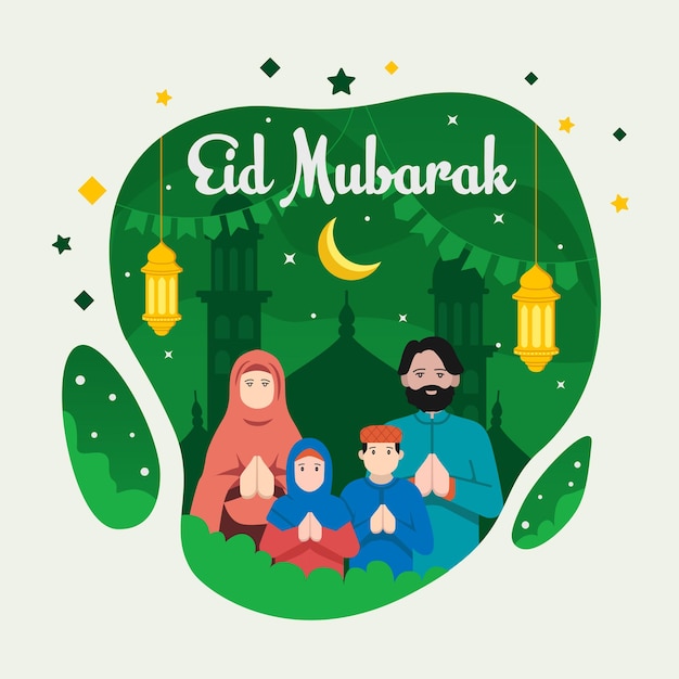 Flache abbildung eid mubarak muslimische familienfeier versammelt sich