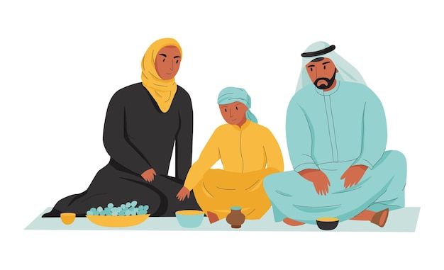 Flache arabische familie, die mahlzeitvektorillustration hat