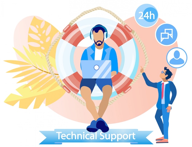 Flache banner-beschriftung technischer support-cartoon.