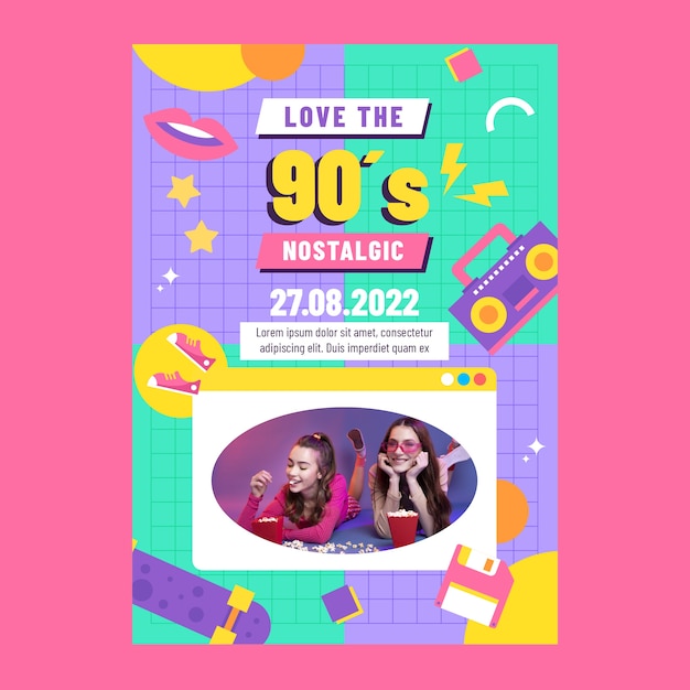 Flache bunte 90er-Party vertikale Plakatvorlage