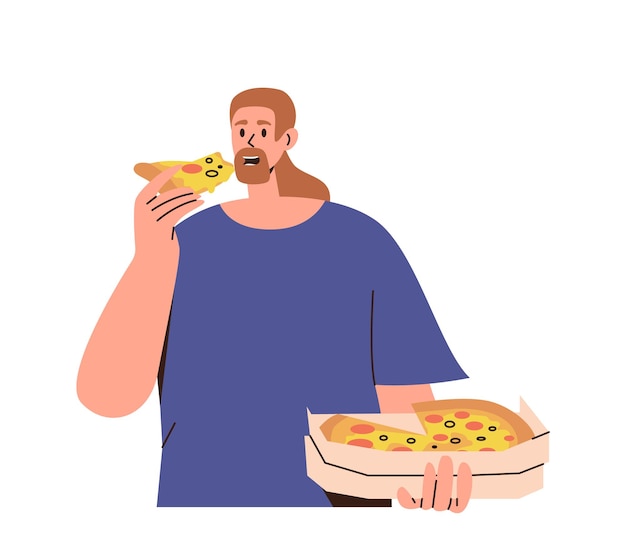 Vektor flache cartoon-mann-figur, die frische italienische pizza aus der auf weiß isolierten box-vektor-illustration isst