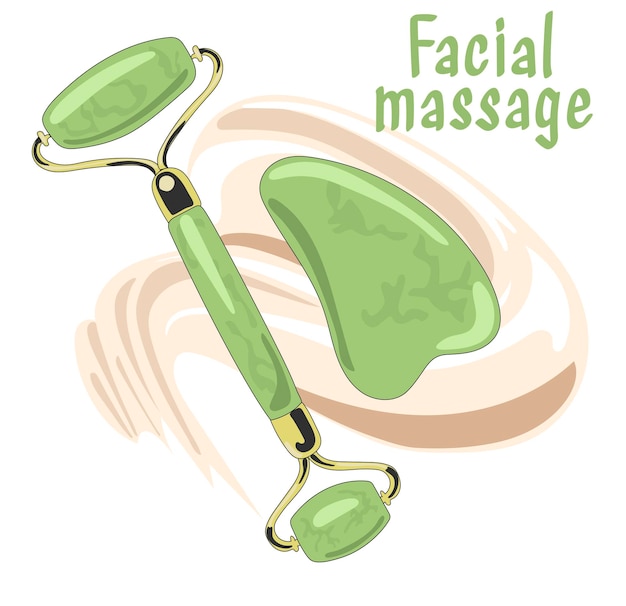 Vektor flache cartoon-mintgrüne steingesichtsmassagerolle und gua-che-schaber essenz wartet auf massage