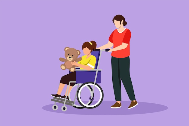 Flache Charakterzeichnung einer Mutter mit ihrer schönen behinderten Tochter im Rollstuhl, die zur Untersuchung in die Klinik kam. Mutter hilft Kind mit Behinderungen bei der Behandlung. Cartoon-Design-Vektorillustration