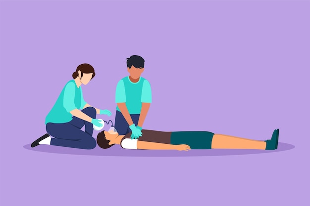 Flache Charakterzeichnung von Notärzten, die in der Notaufnahme eine Herz-Lungen-Wiederbelebung eines Menschen durchführen. Sanitäter leistet dem Patienten mit indirekter Herzmassage Erste Hilfe. Cartoon-Design-Vektorillustration