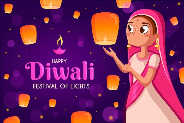 Flache design glückliche diwali frau mit laternen